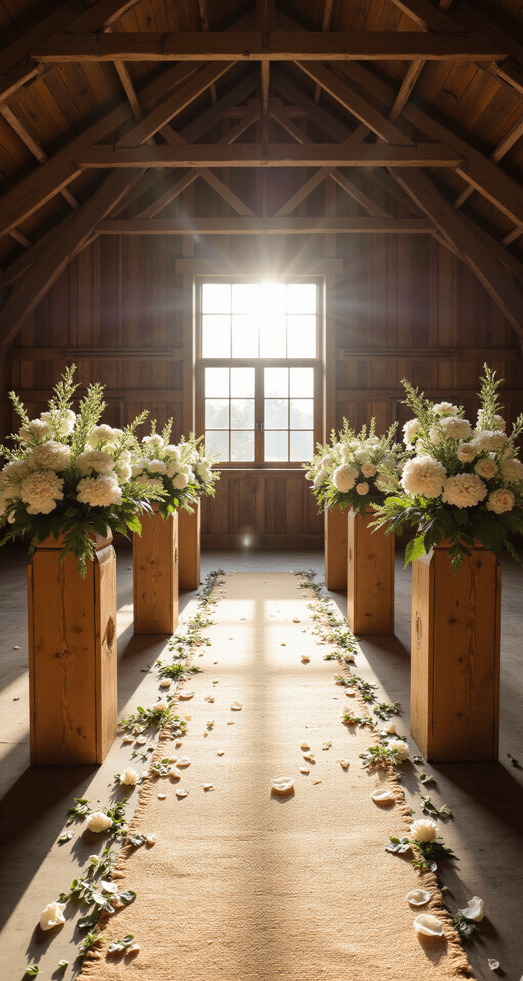 A sunlit rustic barn wedding aisle featuring wooden pedestals with white hydrangeas and eucalyptus, jute runners, rose petals, and soft morning light creating a romantic atmosphere.