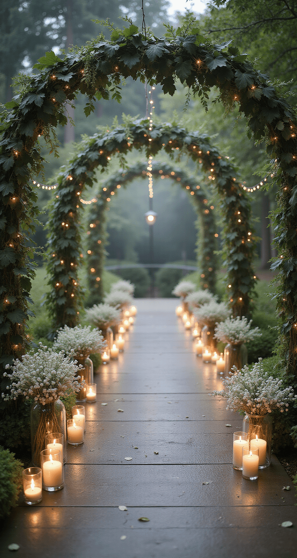 An ethereal garden ceremony aisle adorned with clear glass pillar vases filled with cascading baby's breath and silvery-green eucalyptus, framed by delicate twinkle lights and soft candlelight, all illuminated by misty morning light.
