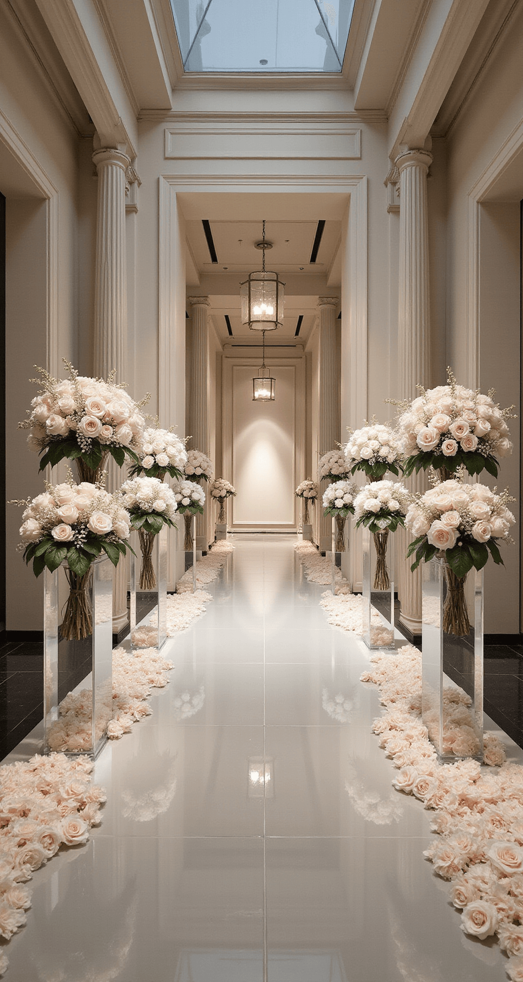 A modern minimalist wedding aisle featuring mirrored floor tiles, blush and ivory floral arrangements, clear acrylic pedestals with tall white roses, geometric metallic accents, and dramatic overhead lighting, captured in a wide-angle view.