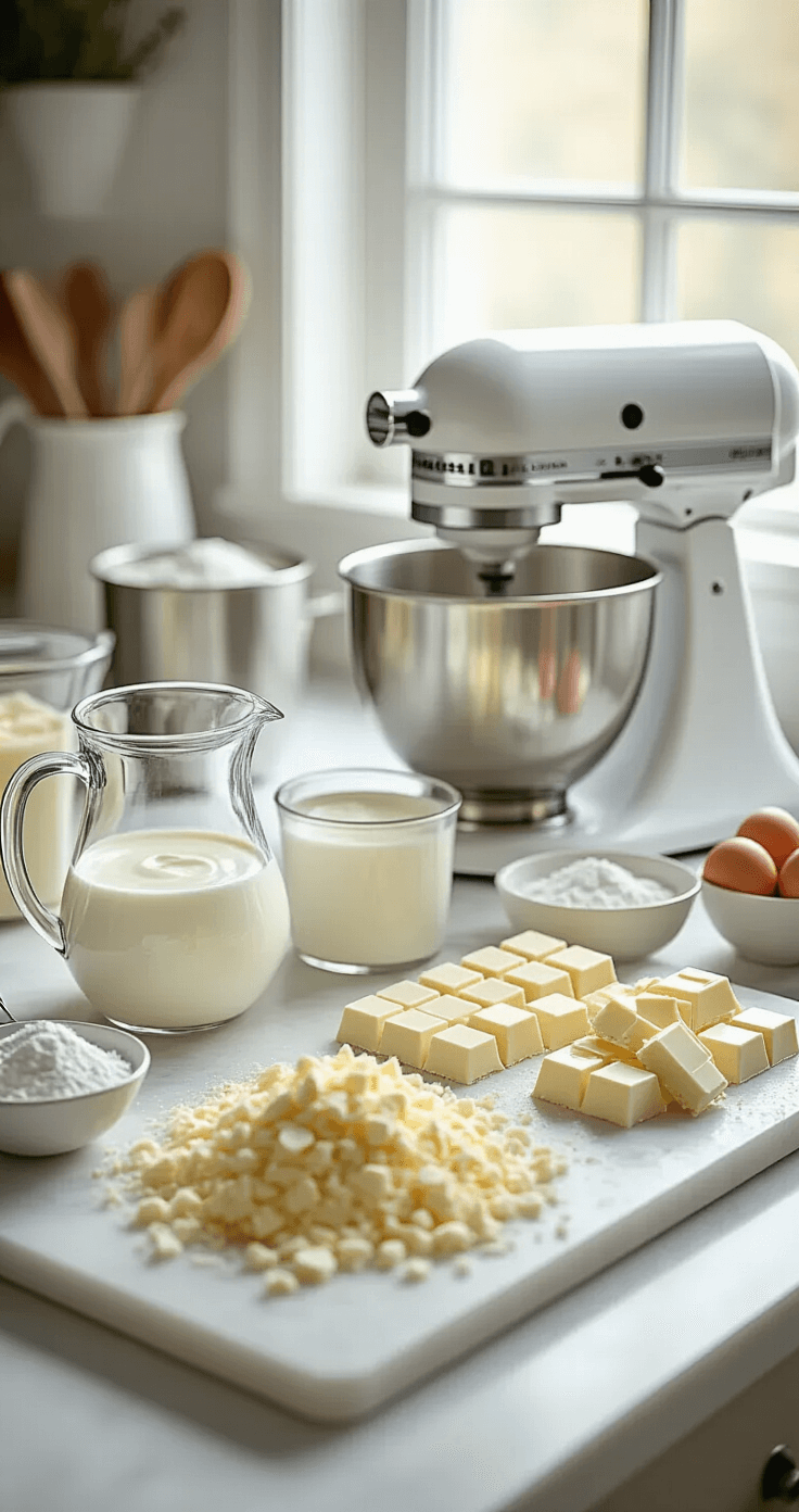 A professional kitchen scene featuring a white marble countertop with baking ingredients for white chocolate mousse cake, including finely chopped white chocolate, cold heavy cream in a glass pitcher, measuring cups, and a stand mixer, illuminated by soft natural light.