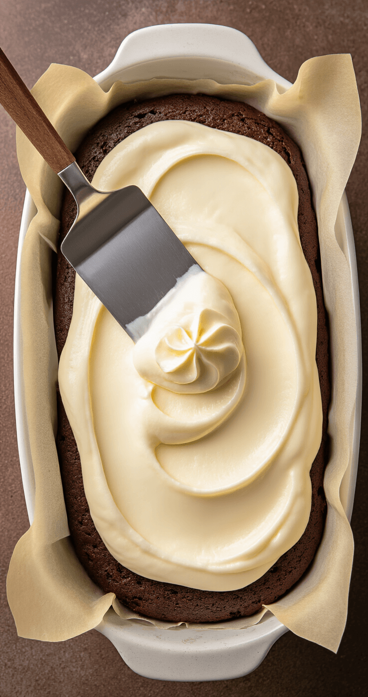 Close-up overhead shot of a springform pan featuring a rich chocolate cake base with smooth white chocolate mousse being poured and spread using an offset spatula, surrounded by a parchment paper collar, showcasing the elegant contrast in texture and color.