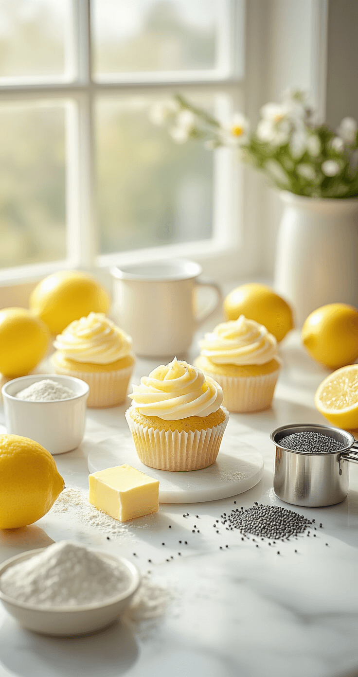 Ultra-detailed kitchen scene featuring fresh lemons, soft yellow butter, flour sifter, measuring cups, and delicate poppy seeds on a pristine white marble countertop, illuminated by soft morning light.