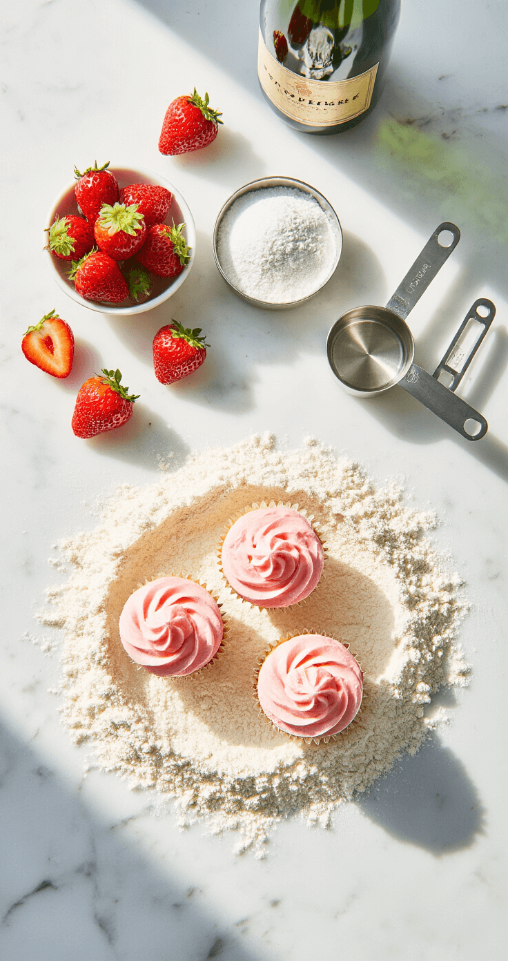 An overhead view of a pristine kitchen counter scattered with fresh strawberries, a champagne bottle, and gleaming measuring cups, all under soft natural light on a polished marble surface.