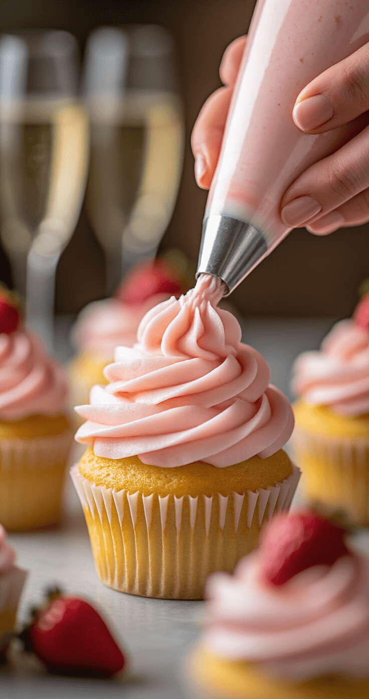 Close-up of a baker's hands piping pale pink strawberry buttercream in swirls on a golden cupcake, with a soft focus on additional decorated cupcakes and champagne glasses in the background.