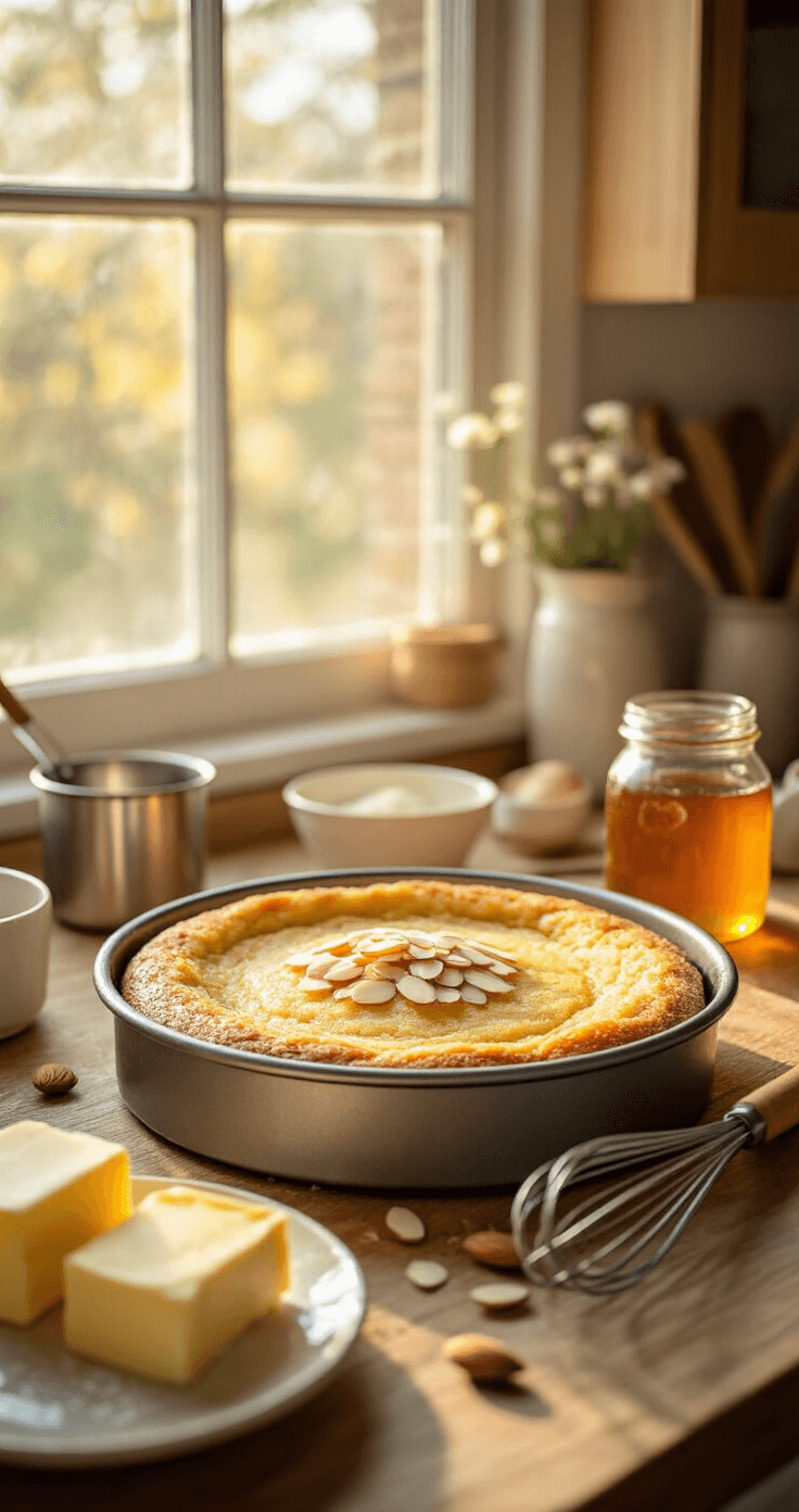 A warm kitchen scene featuring an 8-inch round cake pan filled with golden cake batter and sliced almonds, with scattered ingredients including softened butter, a honey jar, measuring cups, and a whisk, all bathed in soft golden light.