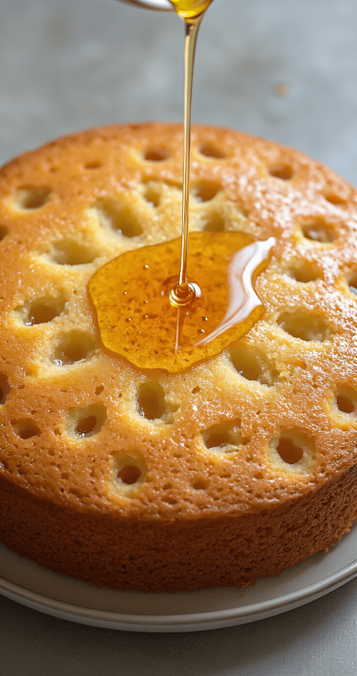 Close-up overhead shot of a honey almond cake with a golden surface, punctured holes, and honey-lemon syrup being drizzled over it, showcasing the syrup's glossy texture and the cake's tender crumb in soft natural light.