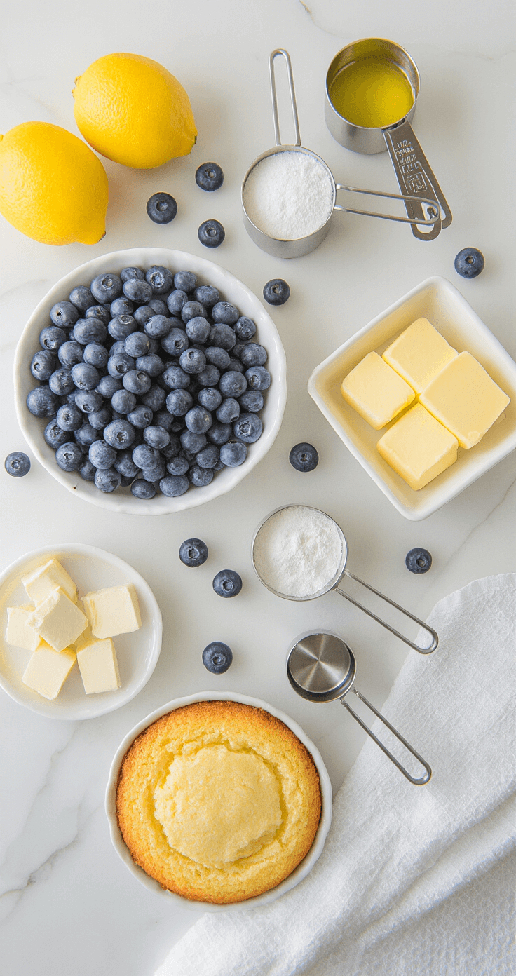 Overhead view of a pristine kitchen counter arranged with ingredients for blueberry lemon cake, including fresh blueberries, whole lemons, softened butter, and gleaming measuring cups, illuminated by warm morning light.