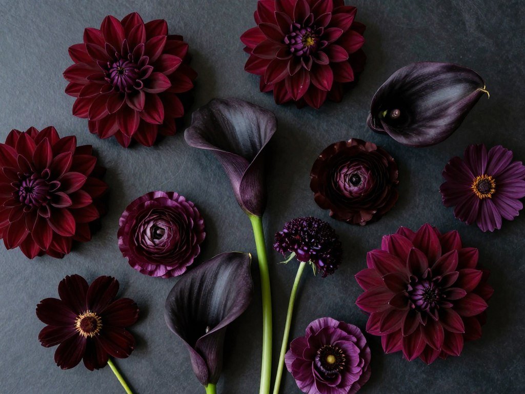 Collection of premium dark romantic wedding flowers including dahlias and ranunculus