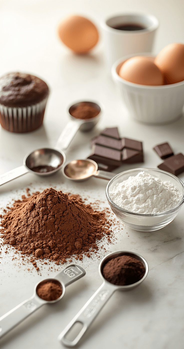 Ultra-detailed close-up of a pristine kitchen counter featuring meticulously arranged chocolate cupcake ingredients, including sifted cocoa powder, espresso powder, gleaming measuring spoons, and whole eggs, all illuminated by soft morning light.