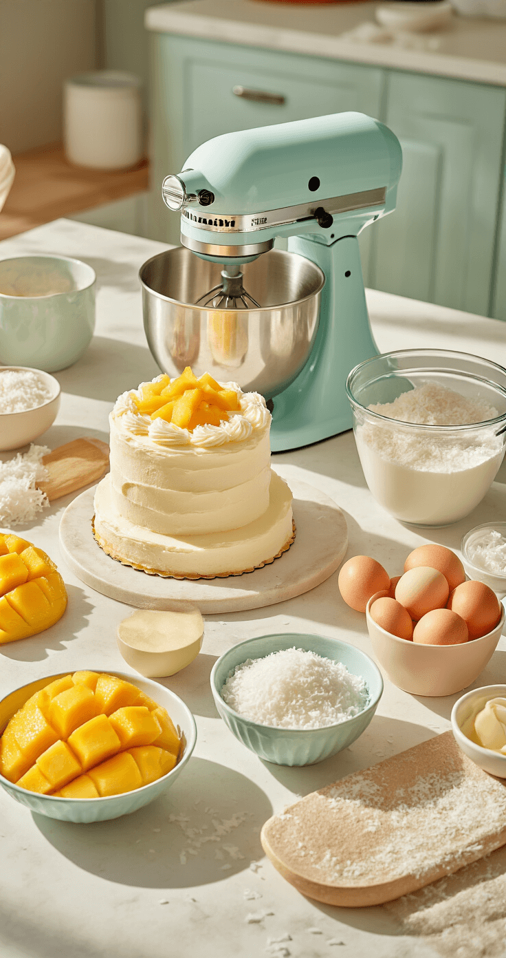 Cinematic overhead view of a pristine kitchen counter, featuring artfully arranged cake ingredients, a gleaming stand mixer, fresh mango slices, and shredded coconut in elegant ceramic bowls, illuminated by streaming sunlight in a soft pastel kitchen aesthetic.