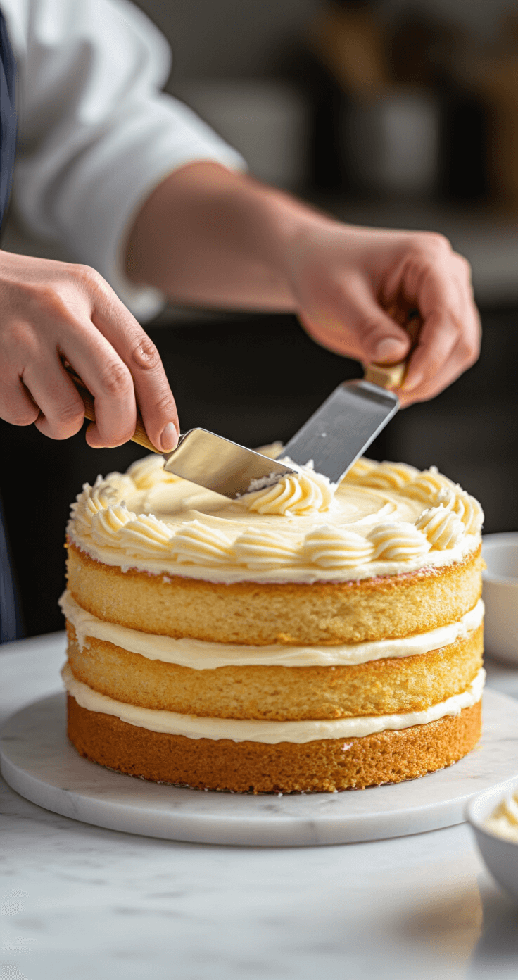 A professional baker's hands spread coconut buttercream between golden cake layers with an offset spatula, creating smooth swirls on a pristine white marble countertop, illuminated by warm afternoon lighting in a softly blurred kitchen background.