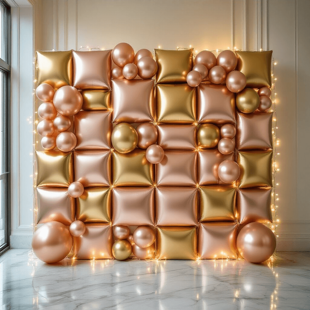 A luxurious event backdrop with a gold and rose gold foil balloon installation in a geometric pattern, illuminated by soft evening lighting and delicate fairy lights, set against minimalist white walls and marble floors.