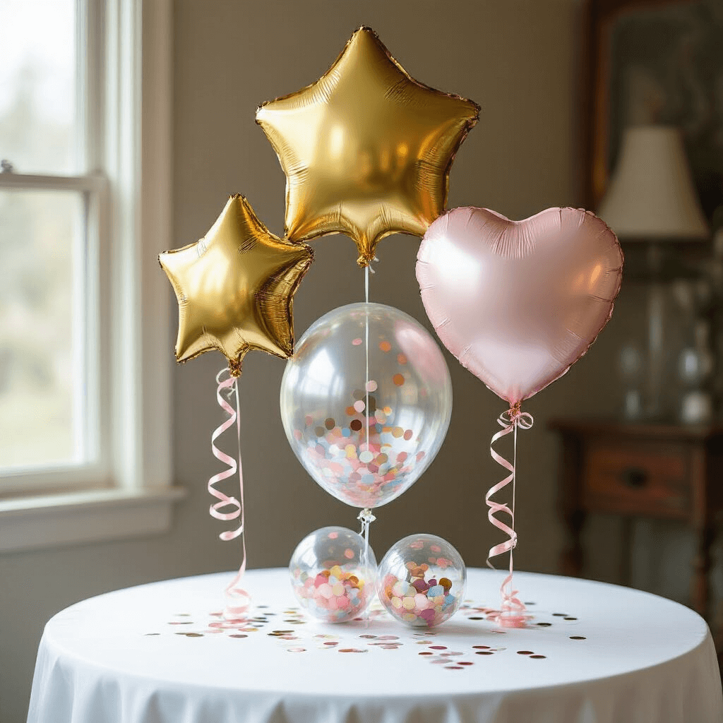 An overhead view of a birthday celebration table centerpiece featuring three foil balloons (star-shaped gold, round metallic silver, heart-shaped blush pink) suspended above a white tablecloth, with clear confetti-filled base balloons and delicate curling ribbons, illuminated by soft natural light.
