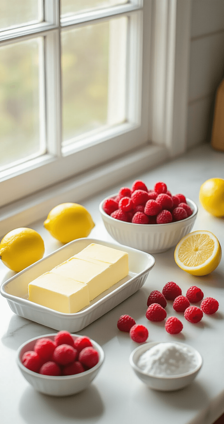 A clean kitchen countertop featuring arranged ingredients for raspberry lemon cake: softened butter in a ceramic dish, fresh raspberries on a marble surface, and lemons being zested, all bathed in soft morning light.
