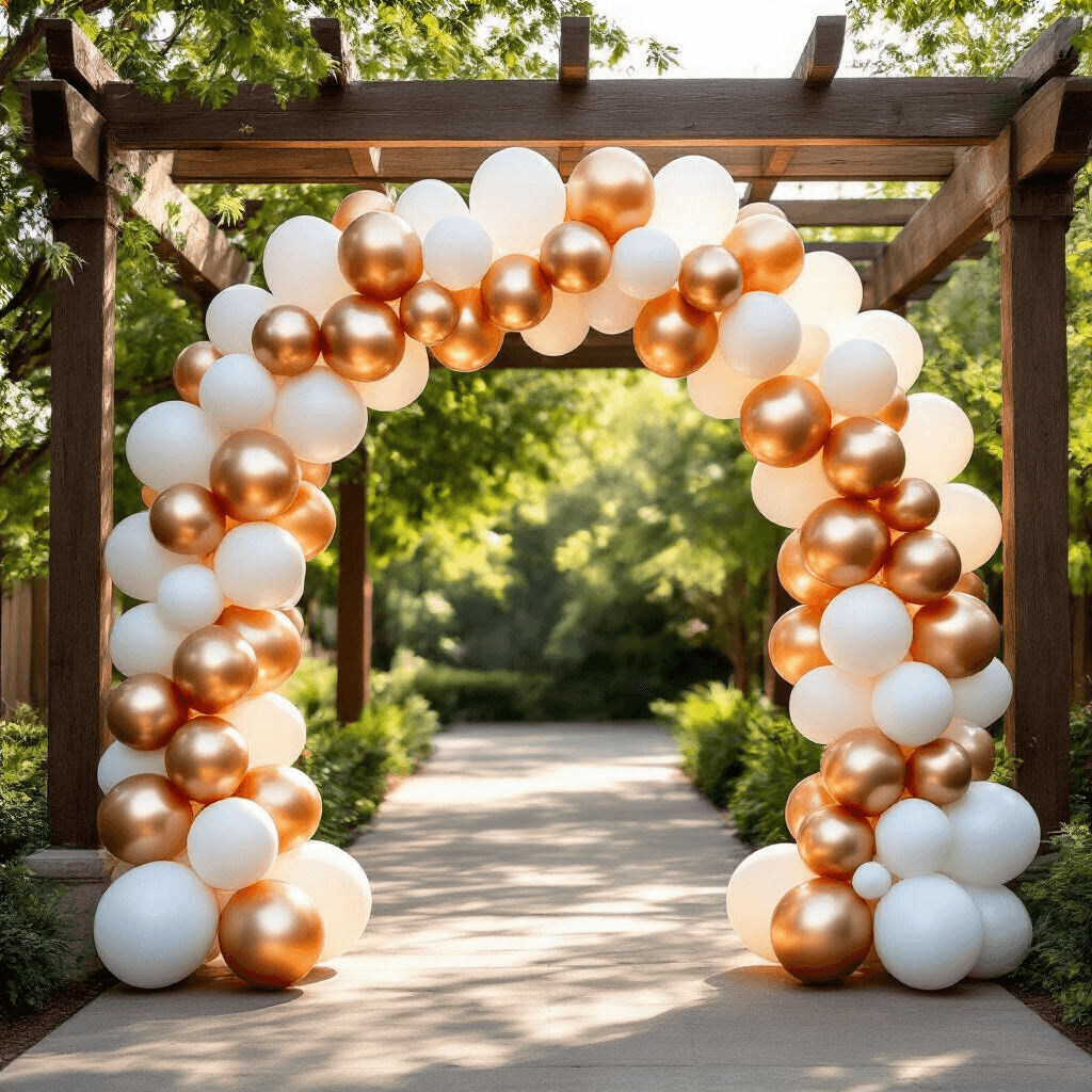 A vibrant balloon arch made of white, gold, and rose gold foil balloons spans a wooden pergola, creating a festive graduation party backdrop, illuminated by warm afternoon sunlight.
