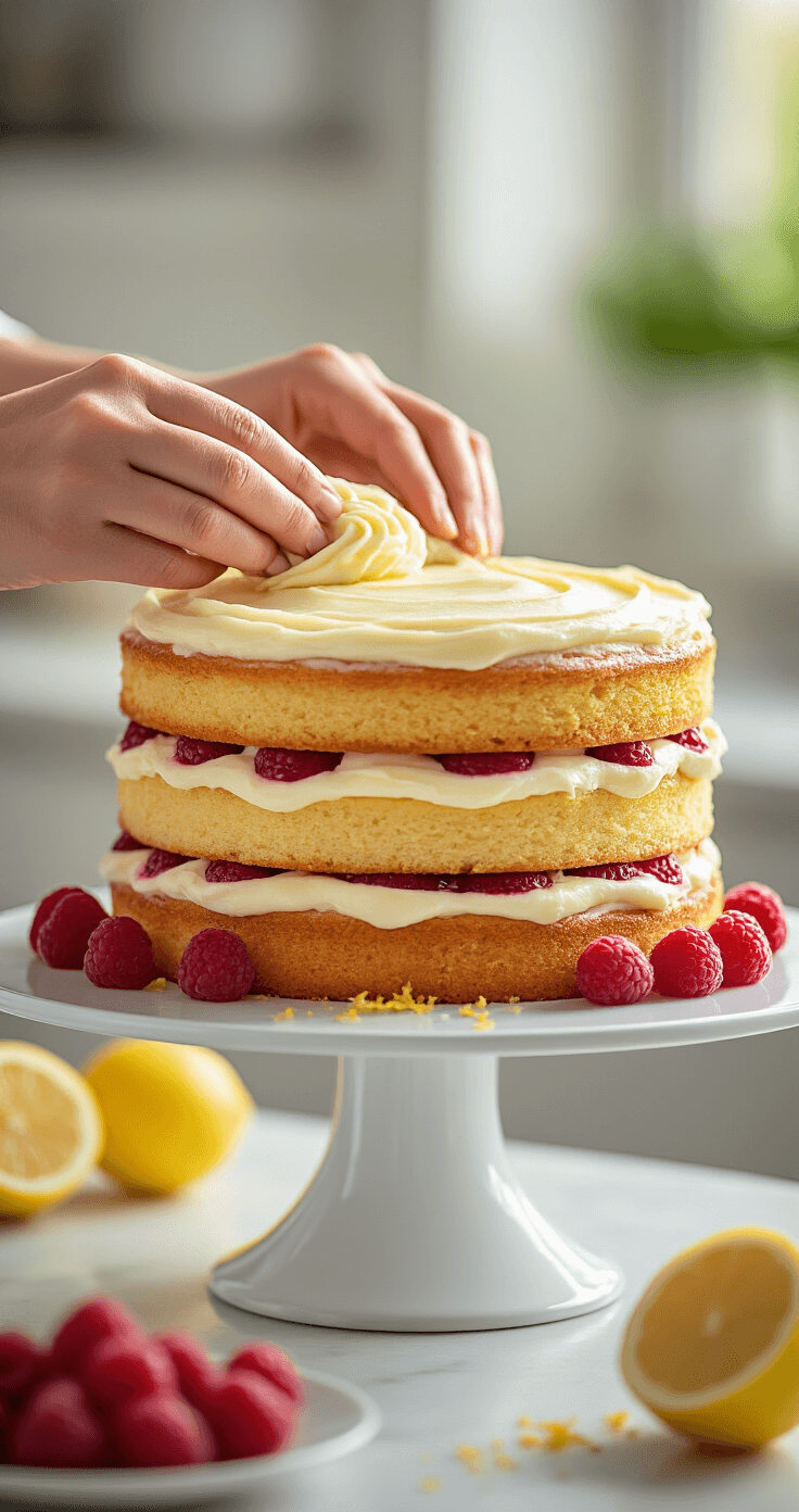 A baker's hands spreading lemon cream cheese frosting between golden cake layers, with raspberry juices visible, on a white cake stand surrounded by fresh raspberries and lemon zest, in a sunlit kitchen.