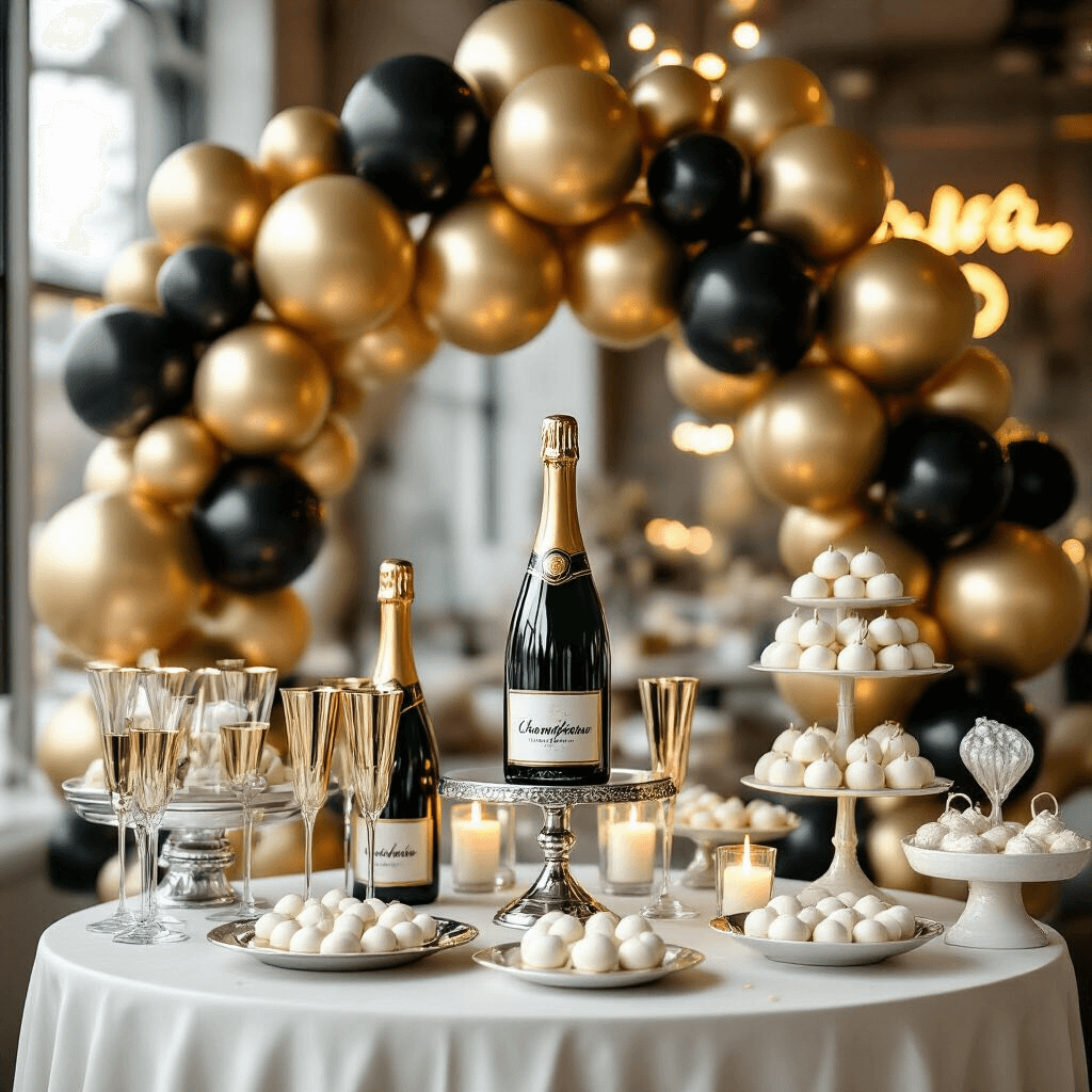 An elegant New Year's Eve dessert table featuring a gold and black foil balloon installation, champagne coupes, silver cake stands, and white chocolate truffles, illuminated by soft candlelight and neon signage in a glamorous setting.