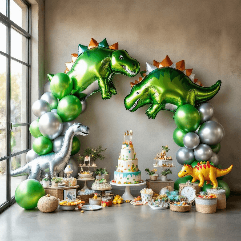 A whimsical children's birthday party scene featuring a dinosaur-themed foil balloon backdrop with oversized metallic green and silver dinosaur balloons, colorful party favors, a themed cake, and playful decorations, all bathed in soft natural light from large windows.
