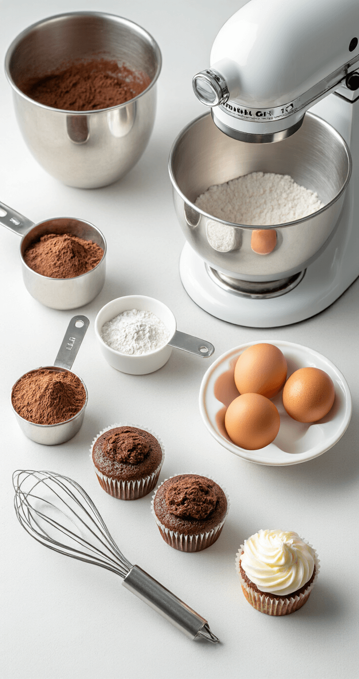 Ultra-detailed close-up of a professional kitchen counter arranged with cupcake ingredients, including sifted cocoa powder, fresh eggs, and a stand mixer, illuminated by soft natural light.