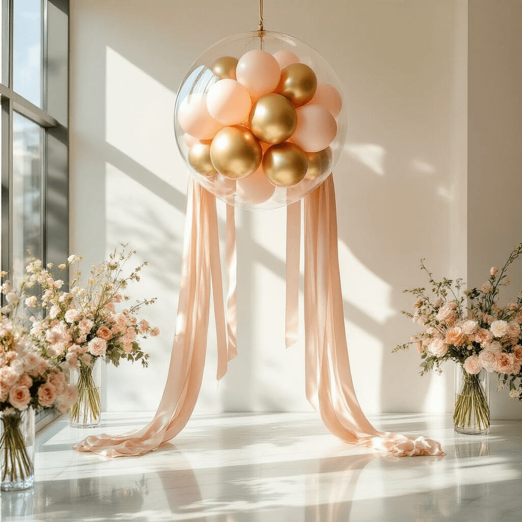 Chic birthday party setup featuring an elegant bobo balloon installation with blush and gold balloons, satin ribbons, golden hour sunlight, and floral arrangements against a white minimalist wall.