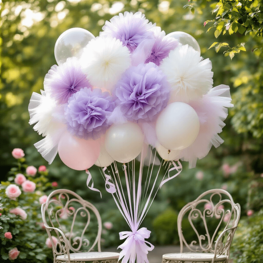Aerial view of a whimsical garden party balloon arrangement with soft lavender and white tulle ribbons, featuring clear bobo balloons and pastel 5-inch interior balloons, surrounded by vintage wrought-iron chairs and lush greenery, illuminated by soft morning light filtering through rose bushes. Curled ribbon tails add playful spirals to the design.