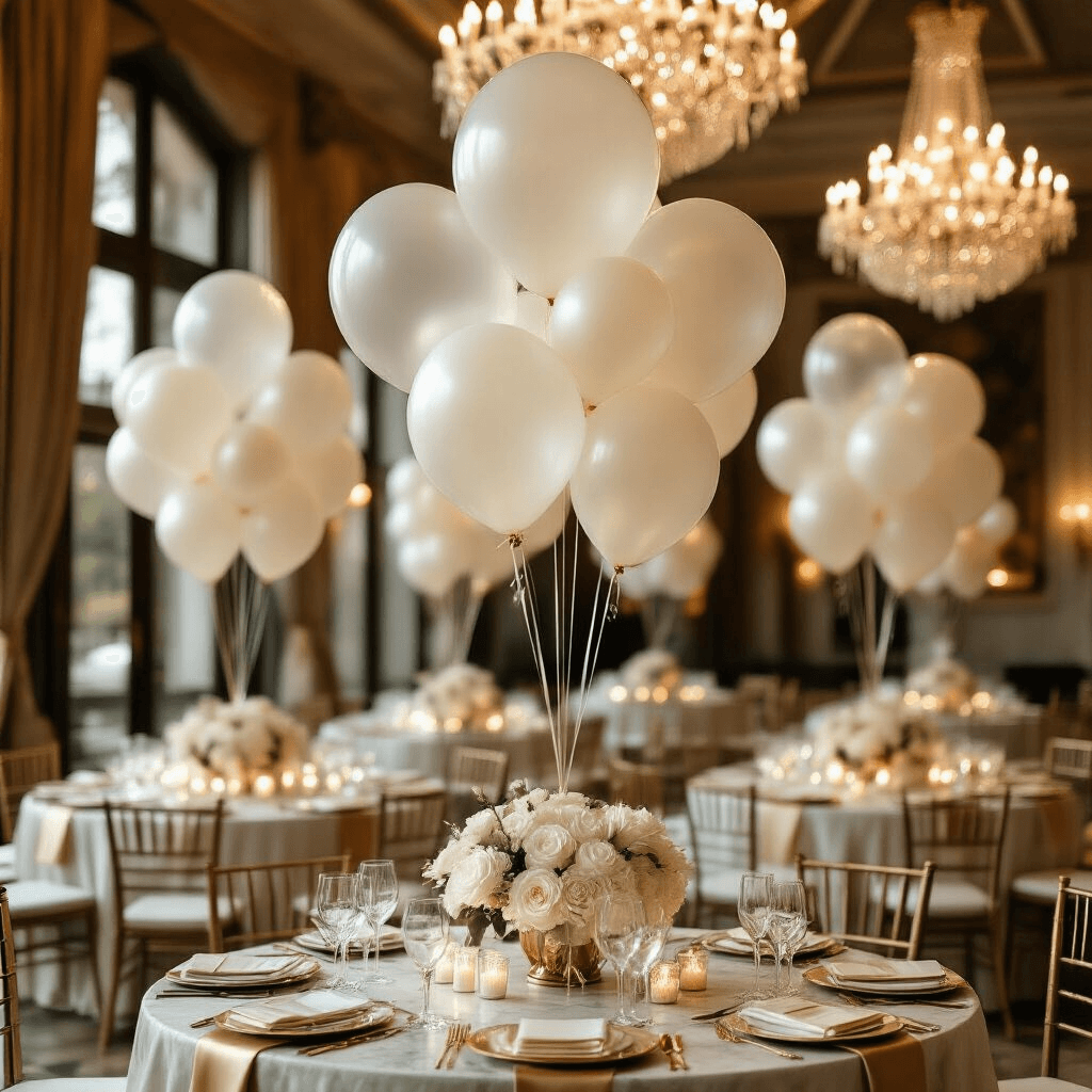 Sophisticated wedding reception featuring clear bobo balloons filled with white and ivory latex balloons, adorned with cream and metallic gold satin ribbons, in a marble-topped space with crystal chandeliers, elegant table settings, and warm lighting.