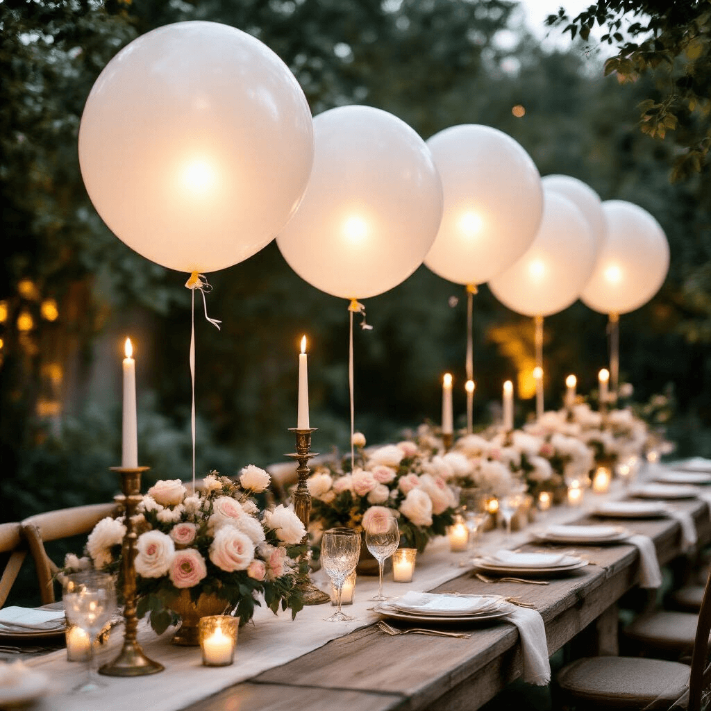An enchanting garden wedding reception featuring illuminated bobo balloons above a rustic wooden table adorned with linen runners, candlelight centerpieces of blush roses and ivory ranunculus, and vintage brass candelabras in a moonlit evening setting with dreamy bokeh effects.