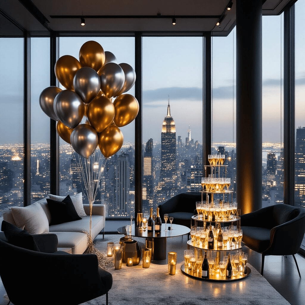 An intimate New Year's Eve celebration in a chic downtown loft with metallic silver and gold LED balloons, minimalist black and white decor, a champagne tower with gold-rimmed coupes, and a view of twinkling city lights through floor-to-ceiling windows.