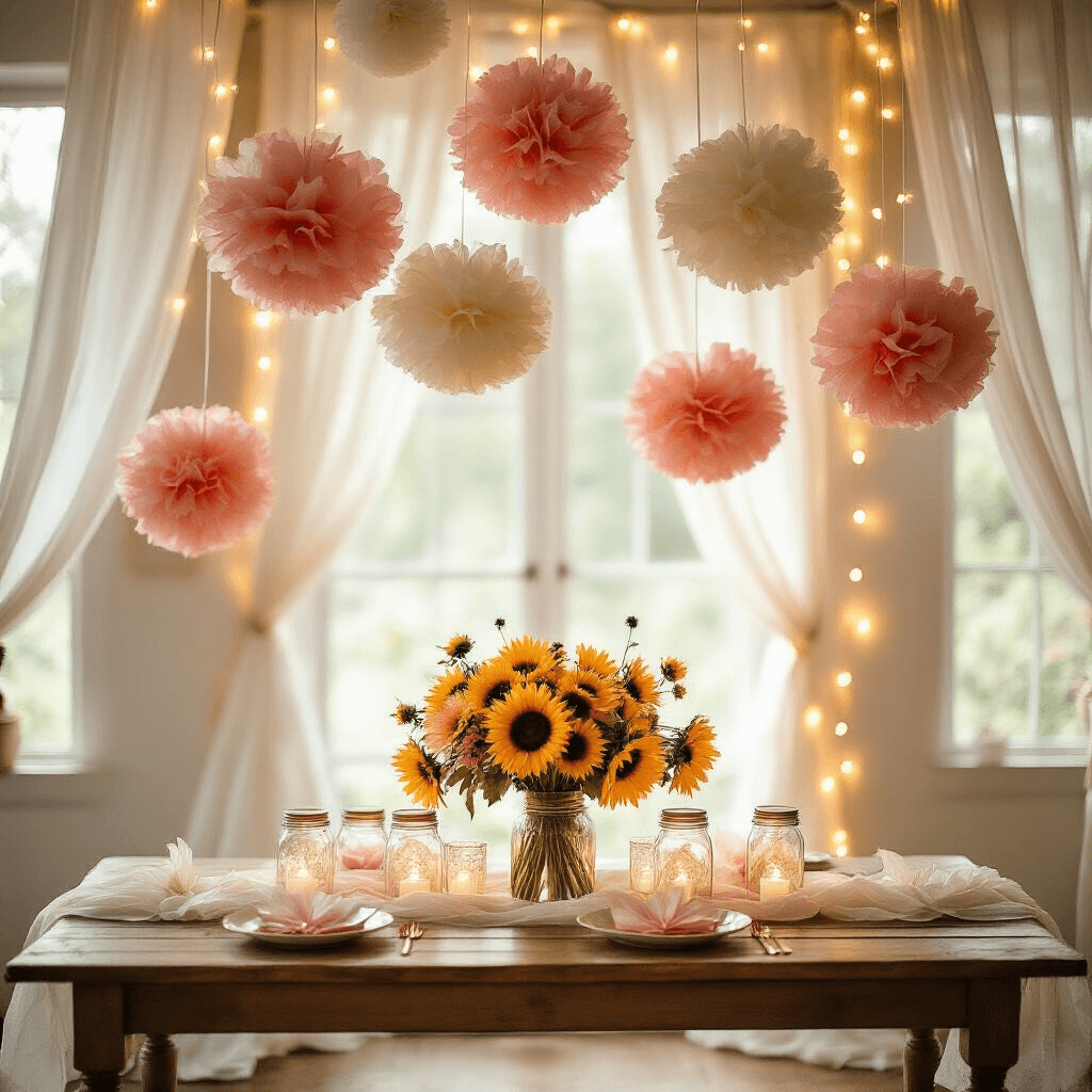 A whimsical birthday party scene featuring ethereal paper pom-poms, warm LED fairy lights, and sheer white fabric draping the walls, with a vintage wooden table adorned with sunflowers in mason jars and coral and gold paper fans, illuminated by natural light for an intimate, dreamy atmosphere.