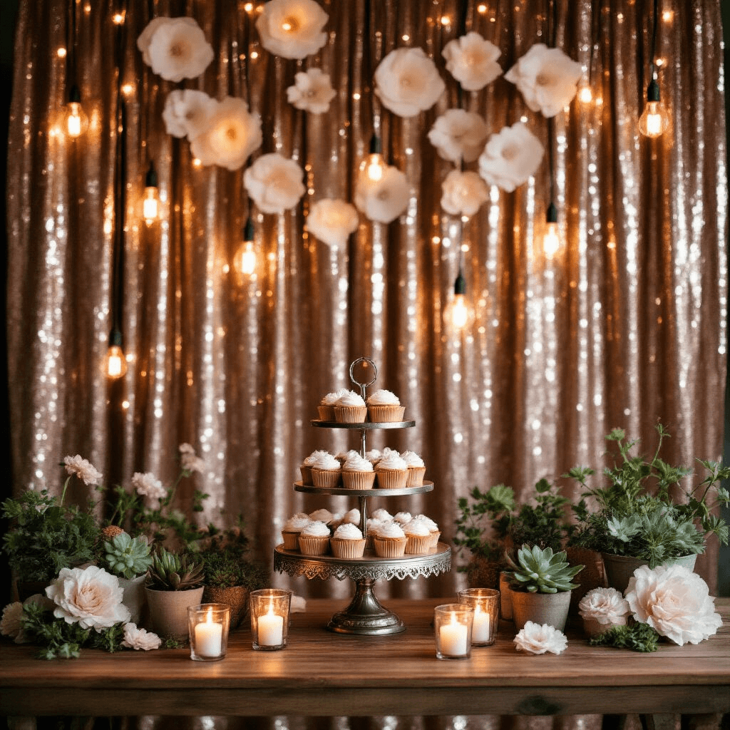 An elegant evening celebration backdrop featuring a shimmering sequin rose gold curtain, adorned with handmade paper coffee filter flowers. Warm Edison bulb string lights create a cozy, vintage atmosphere, while a wooden farmhouse table showcases a tiered cupcake centerpiece on an antique silver stand, surrounded by potted succulents. Soft candlelight reflects off the sequins, enhancing the magical setting with sophisticated and playful textures.
