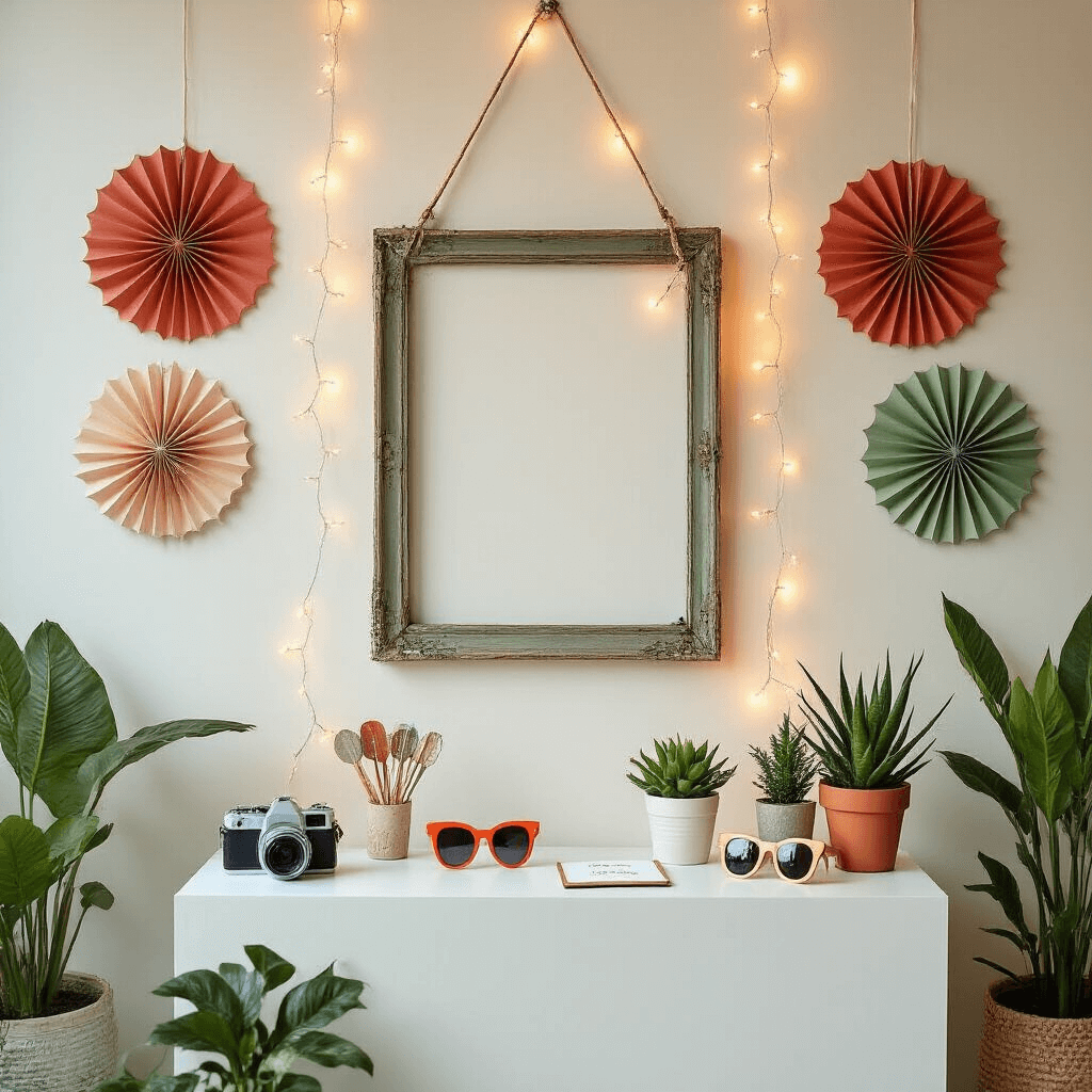 Modern minimalist birthday party setup featuring a vintage door frame photo booth with fairy lights, quirky props on a white pedestal, geometric paper fans in sage and terracotta, potted herbs and succulents, a Polaroid camera, and soft natural light.