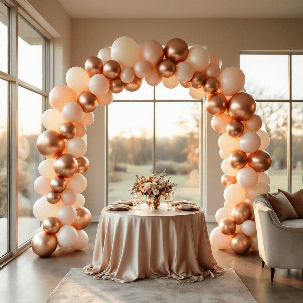 Photorealistic overhead view of an elegant anniversary balloon arch in a modern living room, featuring metallic rose gold, blush pink, and ivory balloons arranged on a decorating strip, illuminated by soft golden hour light filtering through large windows, enhancing a warm romantic atmosphere with silk table linens and subtle metallic accents.