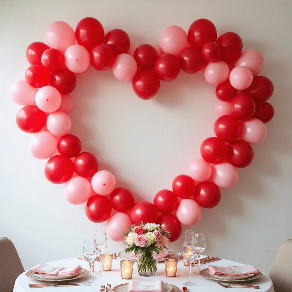 Cinematic wide-angle view of a romantic heart-shaped balloon wall installation in red and pink balloons against a white wall, with an elegant dining table featuring rose gold cutlery and champagne flutes in the foreground, softly illuminated by candlelight.