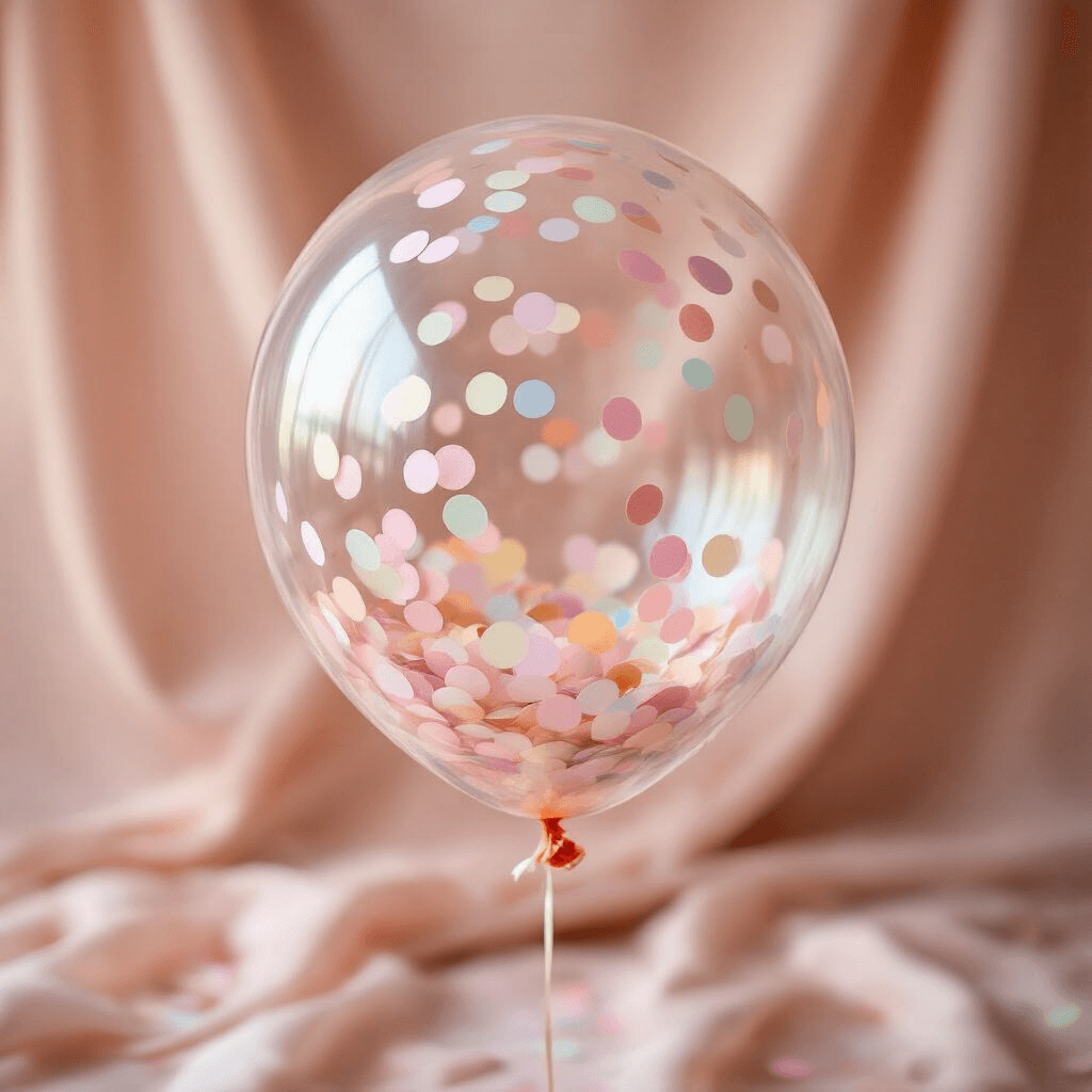 Intimate close-up of a clear balloon filled with colorful tissue paper confetti, suspended beautifully against a blush pink silk backdrop, illuminated by soft natural lighting, showcasing the dreamy texture and intricate details of the confetti, evoking a delicate and ethereal wedding anniversary mood.
