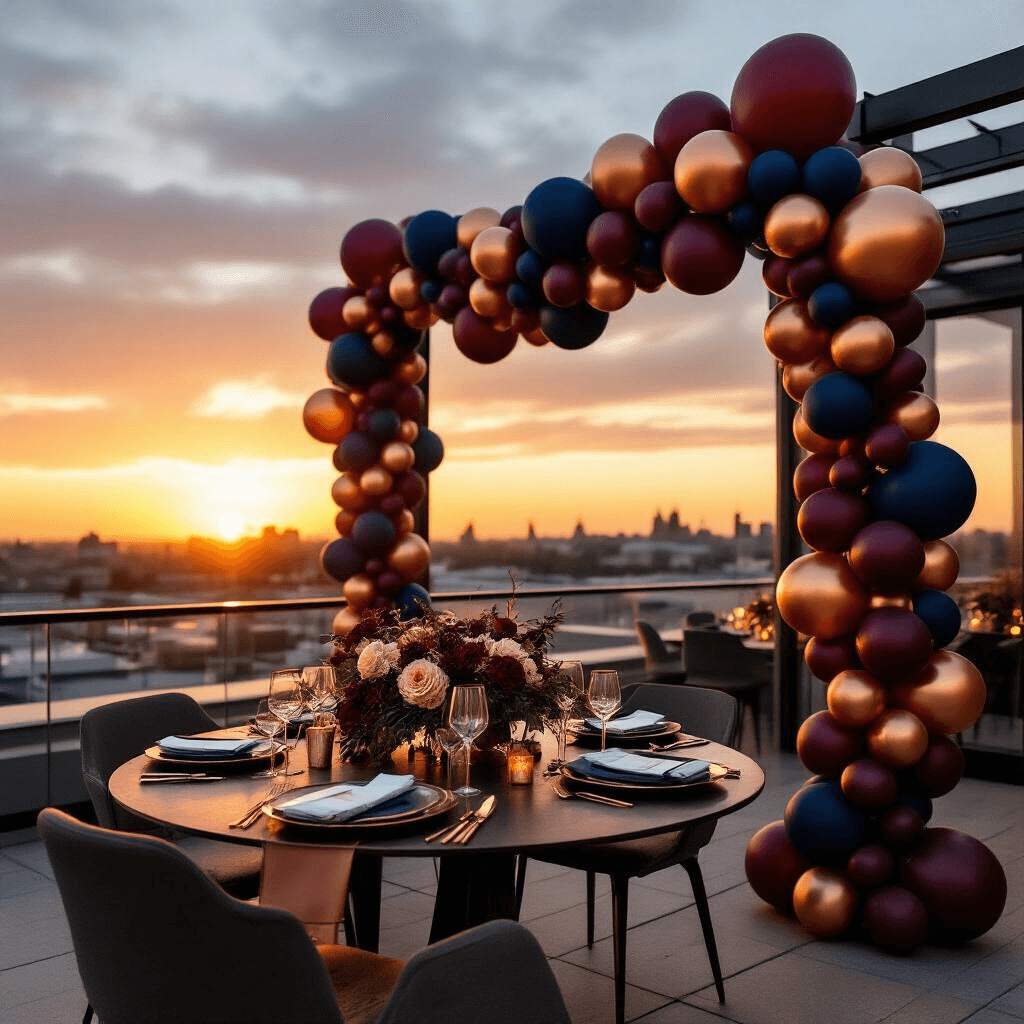 Aerial view of a rooftop terrace anniversary setup featuring a navy, burgundy, and copper balloon garland. The scene is bathed in warm golden sunset light, showcasing a sophisticated minimalistic table setting and elegant layers of balloon textures in perfect color coordination.