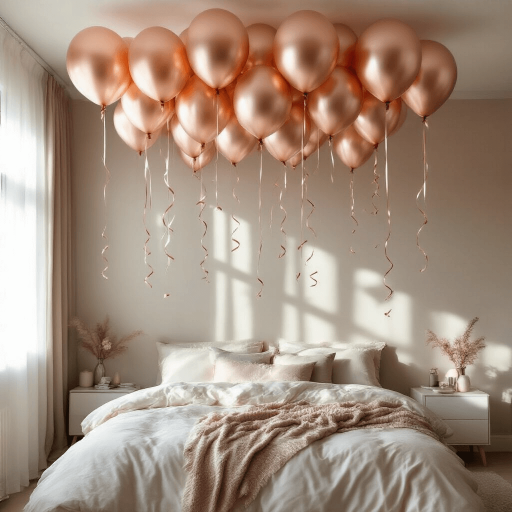 Luxurious balloon installation in a modern bedroom, featuring metallic rose gold and pearlescent balloons at varying heights with delicate ribbons, illuminated by soft morning light that casts ethereal shadows, creating a dreamy romantic atmosphere.
