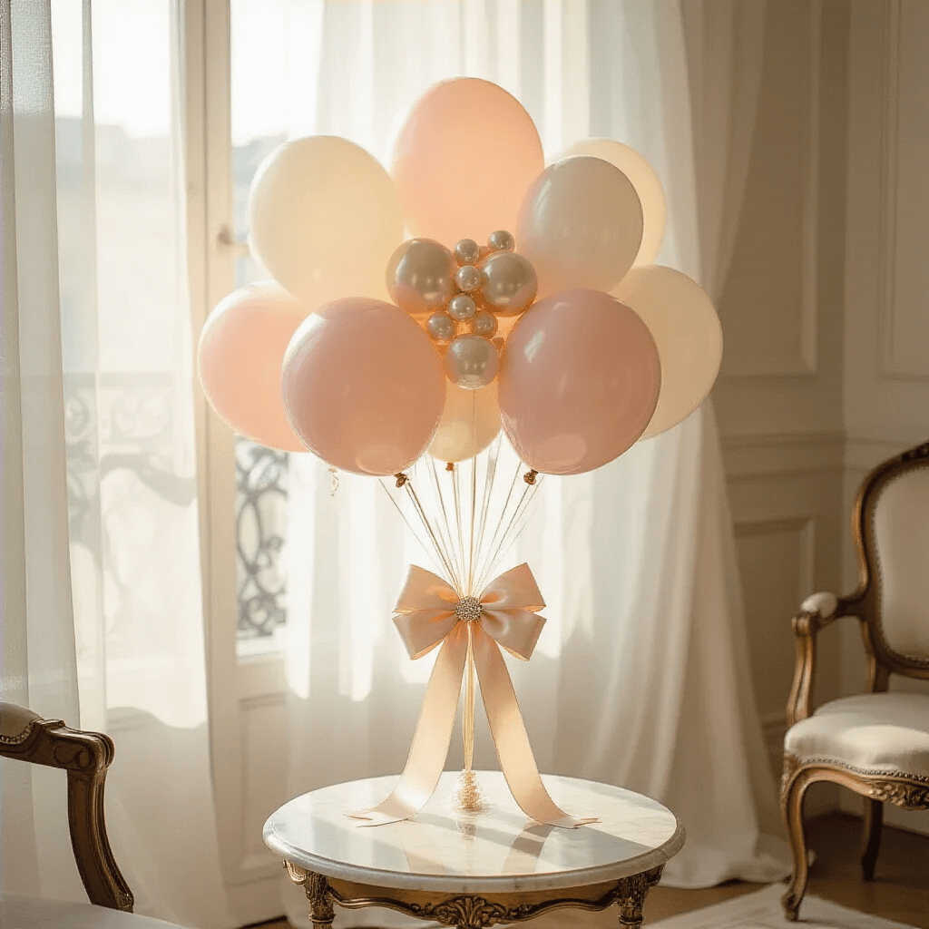 An overhead shot of a soft blush and ivory Parisian-style apartment, featuring a coquette balloon setup with personalized bubble balloons, satin ribbon bows, and gold accents, as golden hour sunlight filters through sheer curtains, illuminating a marble side table and vintage chair in a romantic atmosphere.