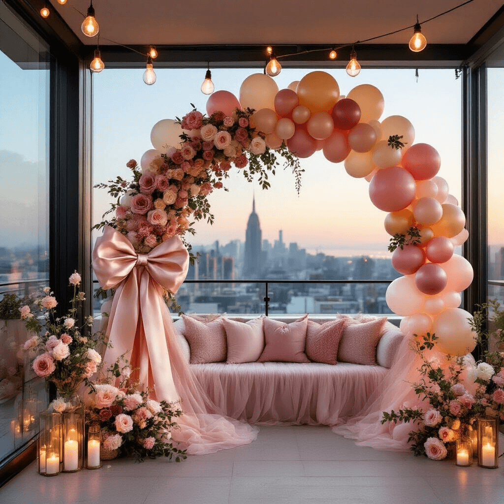 Dreamy bachelorette party balloon installation on a chic rooftop terrace featuring a blush, mauve, and cream balloon arch, oversized bow with silk ribbons, fresh garden roses, soft evening lighting, and a tulle-draped seating area against an urban skyline backdrop.