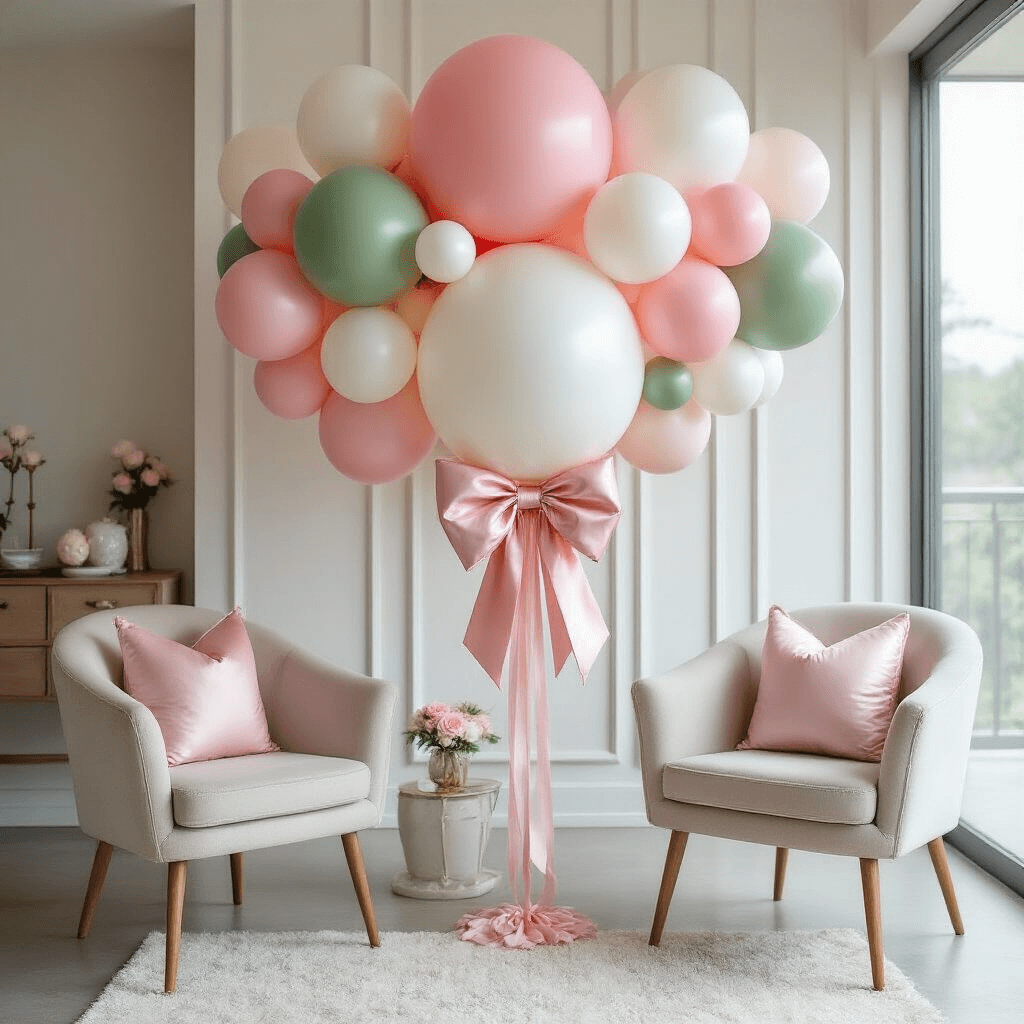 Intimate Sweet Sixteen celebration featuring a geometric balloon cluster in pink, white, and sage green, with a large 36-inch jumbo balloon and satin bow as the centerpiece, set in a contemporary living space with minimalist furniture and soft daylight illuminating the scene.