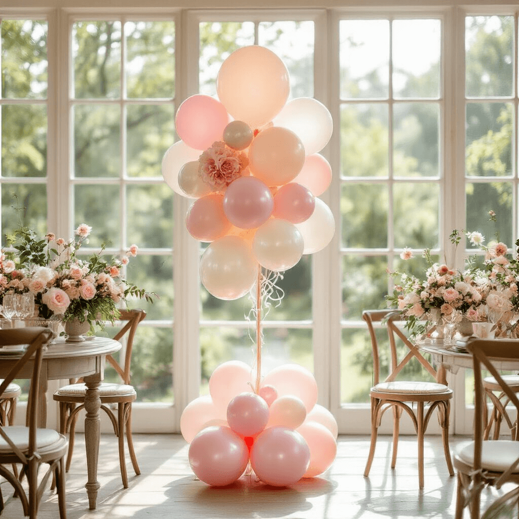 Whimsical baby shower balloon setup in a bright garden room with floor-to-ceiling windows, featuring a variety of soft pink and pearl-finish balloons, personalized bubble balloons, and delicate floral arrangements in blush and cream, all illuminated by afternoon sunlight.