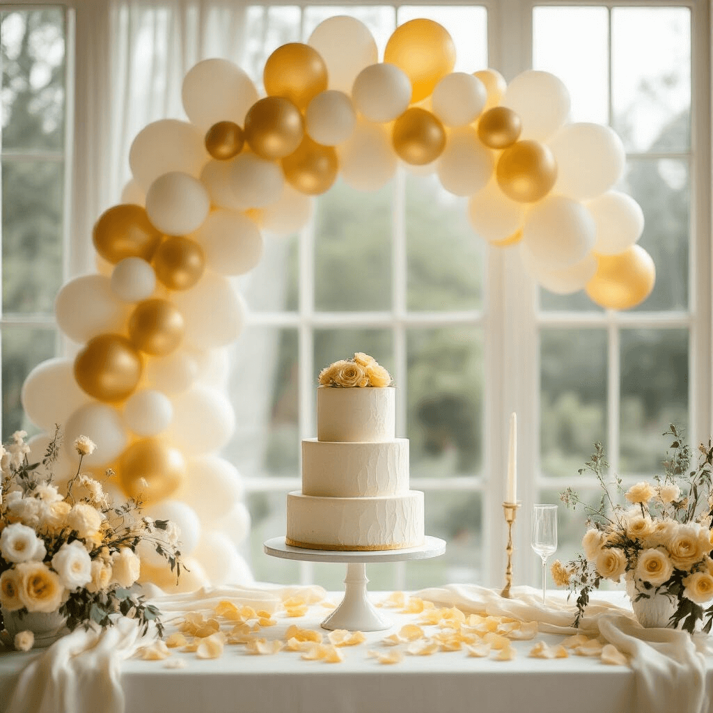 Elegant golden yellow and white balloon garland over a minimalist white dessert table, adorned with a two-tier textured cake on a ceramic stand, pastel yellow rose petals scattered below, all bathed in soft natural light from large windows.