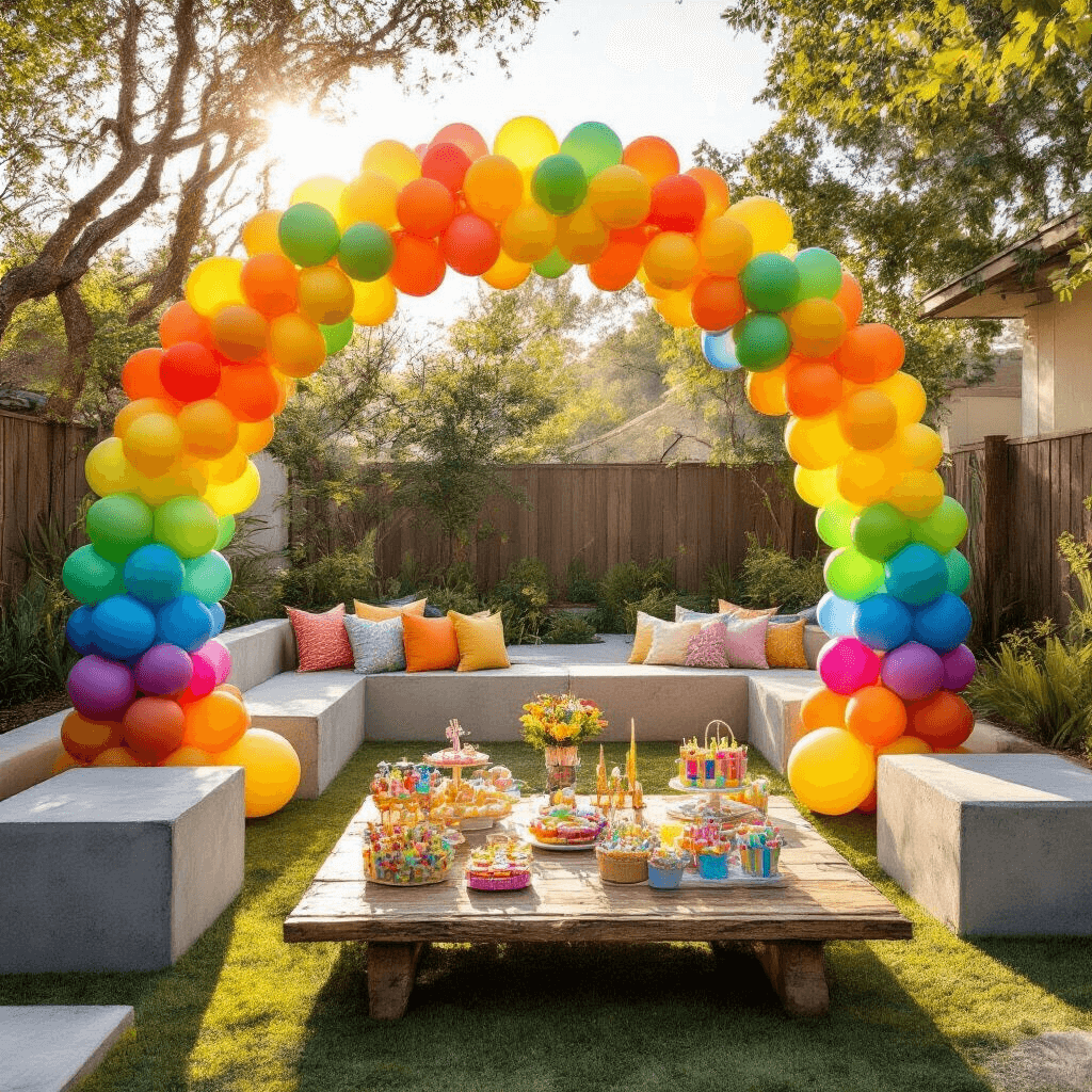 A vibrant birthday party scene in a modern backyard featuring a yellow-dominant rainbow balloon arch, geometric concrete seating, multicolored latex balloons, children's party favors on a rustic wooden table, and warm golden hour sunlight casting playful shadows.