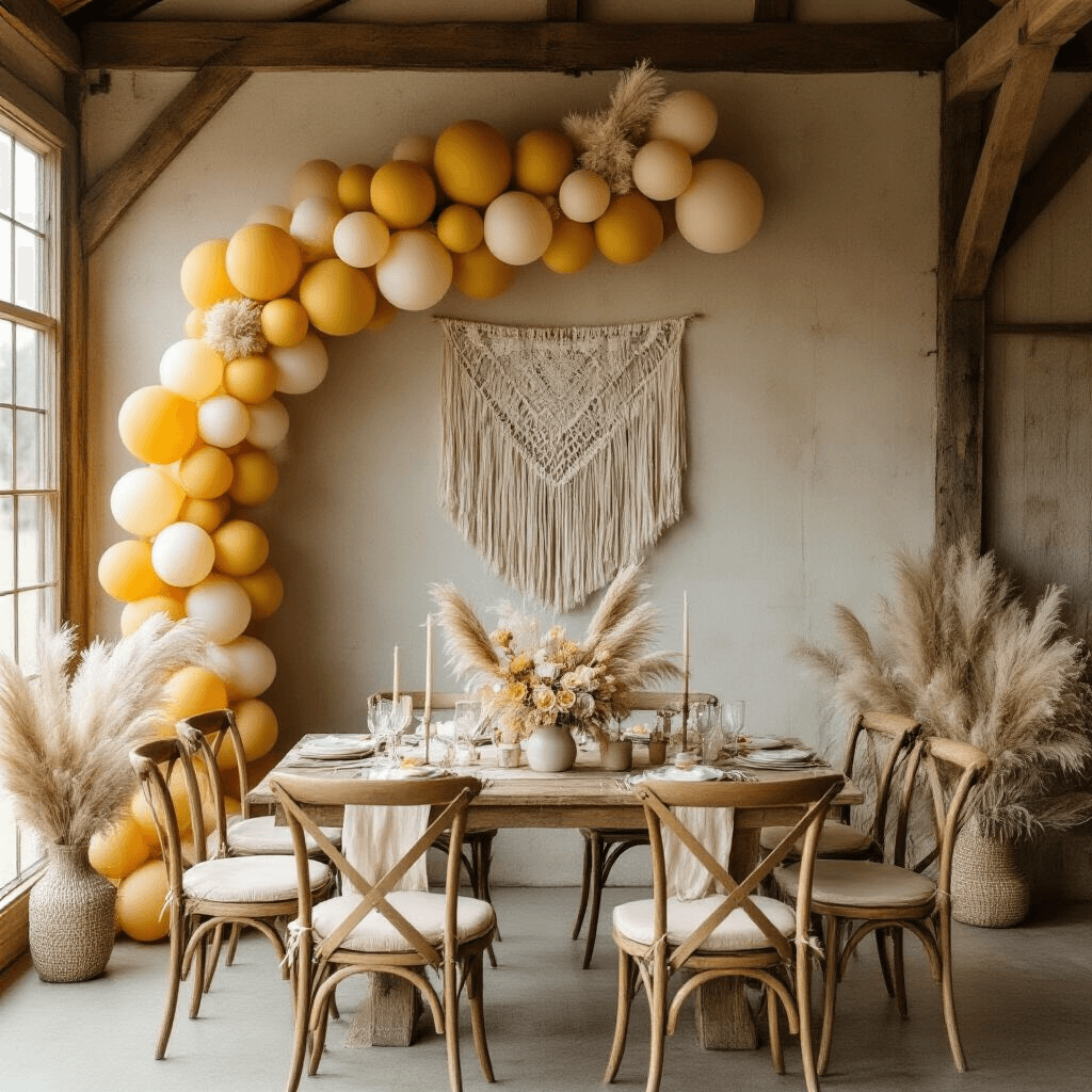 Intimate boho-chic baby shower setup featuring a mustard yellow and cream balloon garland on a rustic barn wall, vintage wooden chairs with blush cushions, dried pampas grass centerpieces, neutral linens, and handcrafted macramé wall hangings, illuminated by soft morning light.