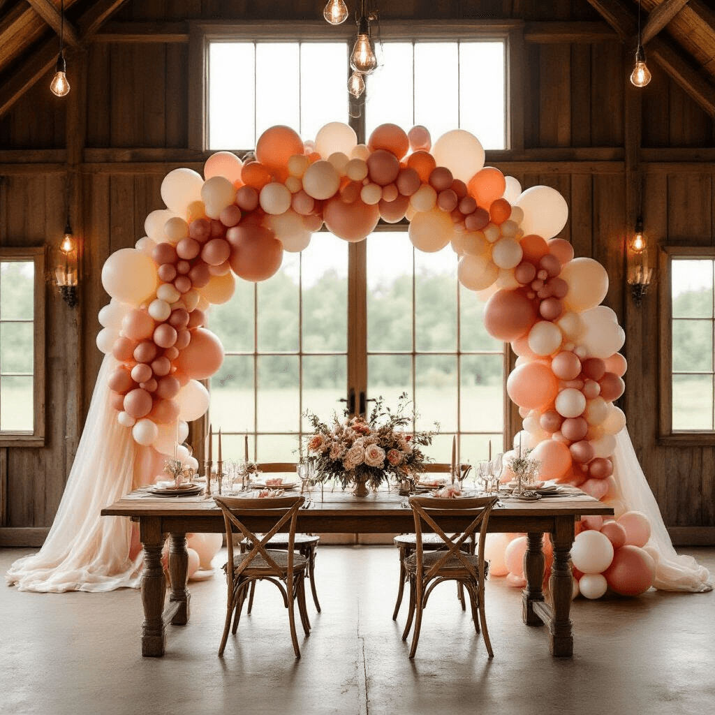 Graduation Balloons: Everything You Need to Know Before Your Big Day A rustic barn decorated for a graduation celebration featuring a terracotta, blush pink, and cream balloon arch, vintage centerpieces on a styled farm table, and soft natural light illuminating the space.