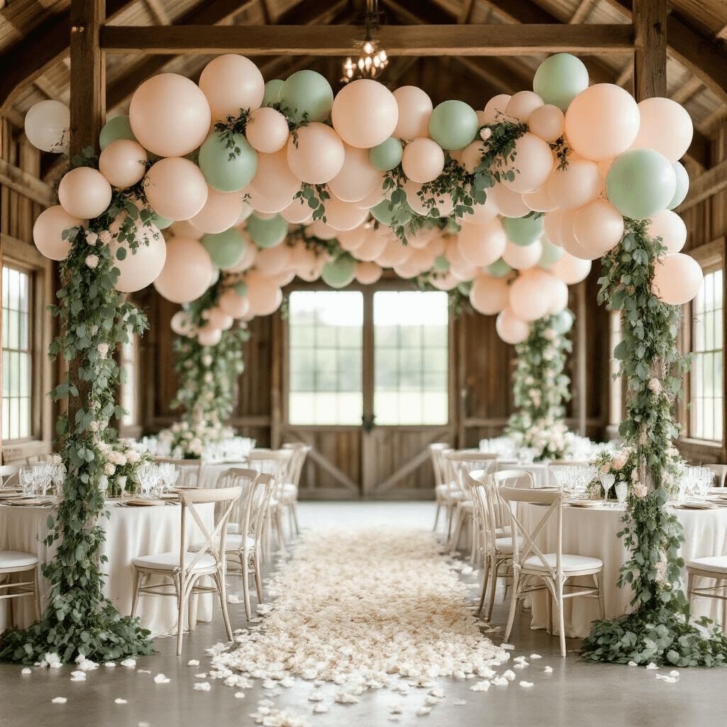 Ultra-detailed pastel balloon wedding reception scene in a vintage rustic barn, featuring soft blush and sage green balloons, eucalyptus garlands, elegant white chairs with silk covers, marble-topped tables with gold-rimmed glassware, and a floor adorned with ivory rose petals, all illuminated by natural sunlight for a romantic atmosphere.