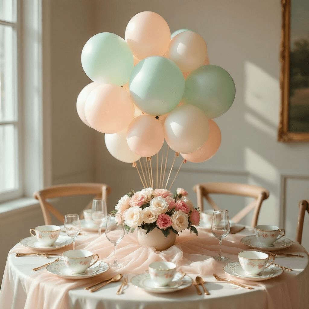 Intimate baby shower table setting with a pastel balloon centerpiece in mint, ivory, and peach, adorned with fresh white roses and pink carnations, elegant tea settings, and soft morning light creating gentle shadows.