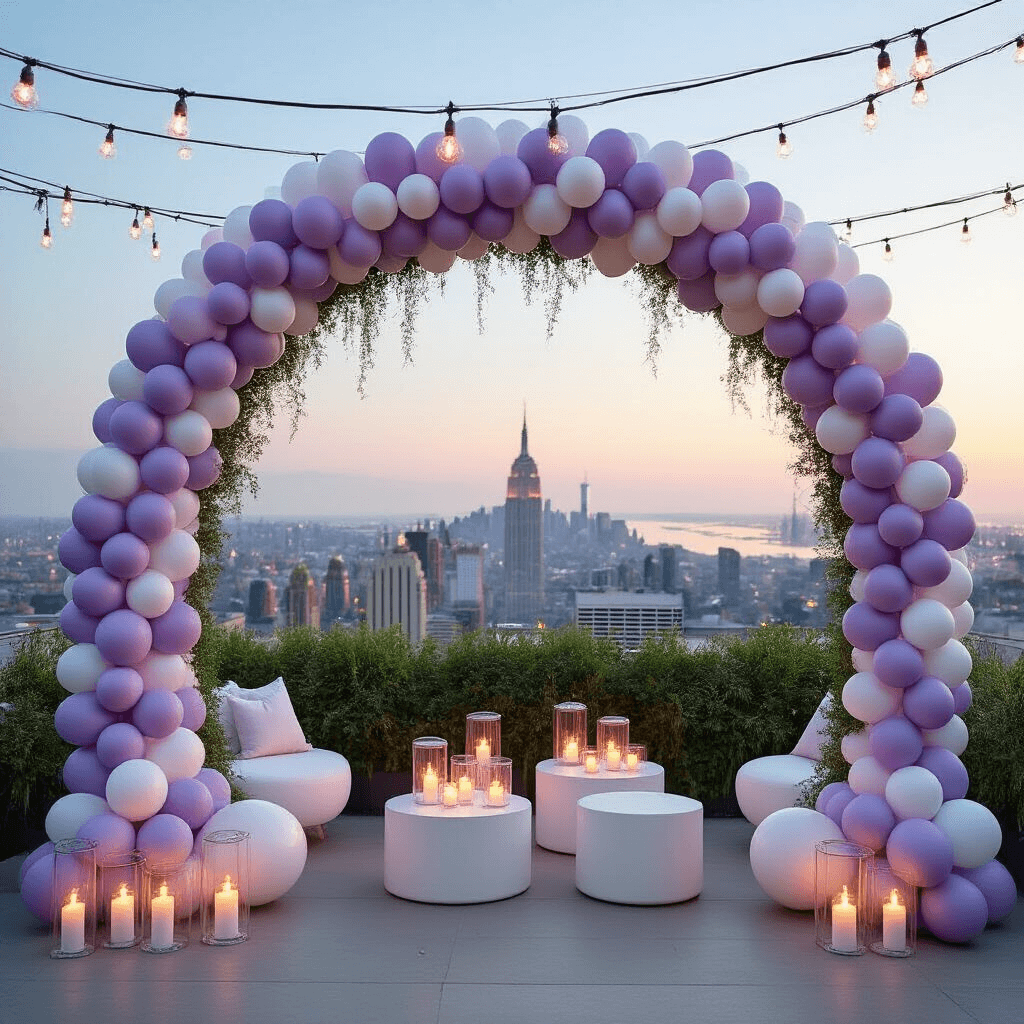 A whimsical garden party rooftop event features an organic pastel balloon arch in lavender, white, and silver, framing a city skyline. The arch appears naturally grown, complemented by artificial greenery, modern white furniture, and glass pedestals adorned with tea lights. Overhead fairy lights enhance the magical evening ambiance.