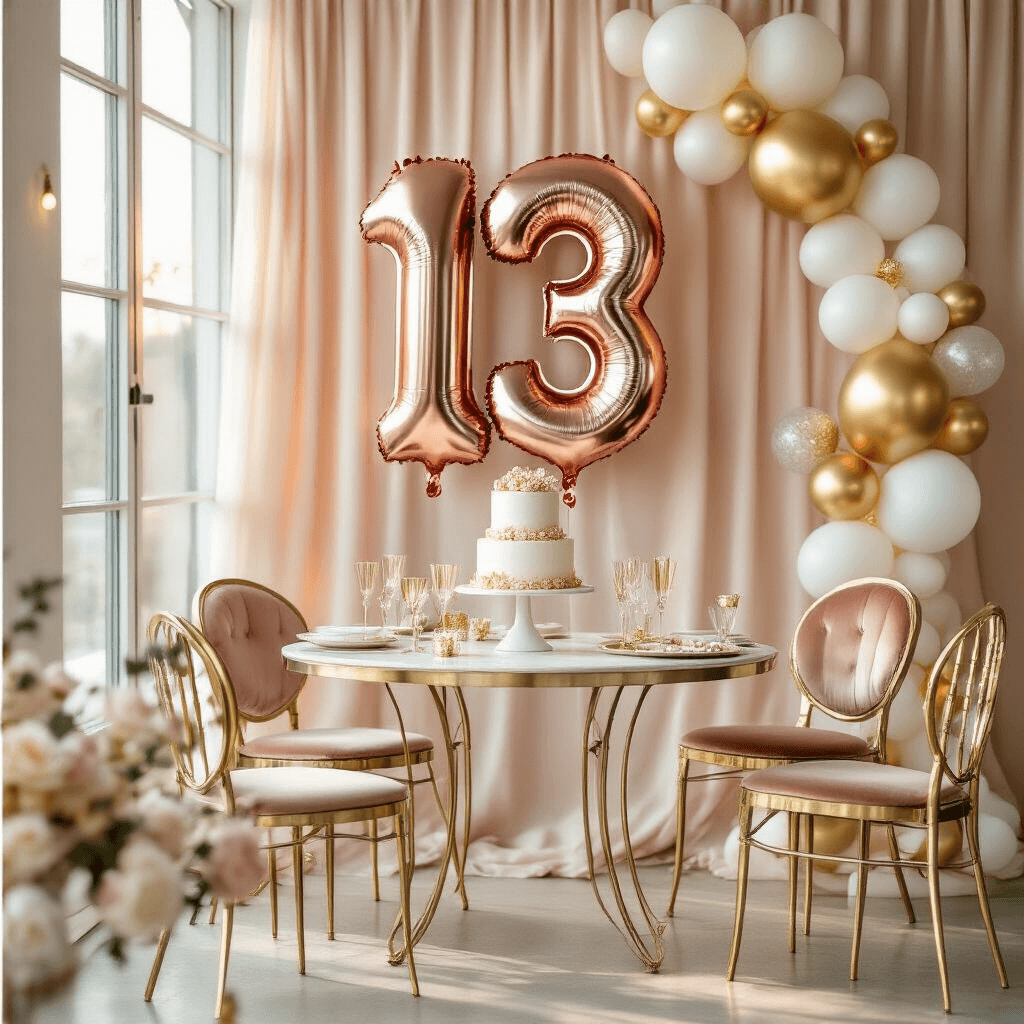 A sophisticated birthday party setup for a 13th birthday featuring a rose gold number 13 foil balloon against a blush backdrop, surrounded by white and gold latex balloons, metallic gold chairs, a minimalist three-tier cake on a dessert table, soft golden hour light, fairy lights, and crystal champagne glasses.