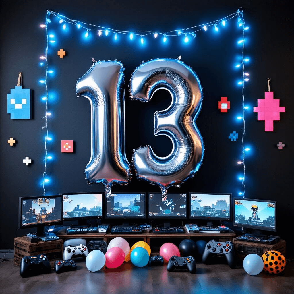 A festive gaming-themed celebration featuring a silver number 13 mylar balloon on a wall adorned with pixel-art graphics, surrounded by vintage video game controllers, electric blue neon LED string lights, and geometric decor. A custom gaming setup with multiple monitors stands against dark charcoal walls, while scattered controller-shaped balloons and tech-inspired centerpieces enhance the playful atmosphere.