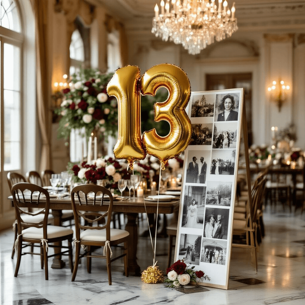 An elegant milestone anniversary celebration with a gold number 13 foil balloon next to a curated photo timeline, set in a classic dining room featuring marble floors and crystal chandeliers, a long wooden table adorned with burgundy and ivory floral arrangements, and illuminated by soft candlelight, highlighting vintage photographs in a nostalgic atmosphere.